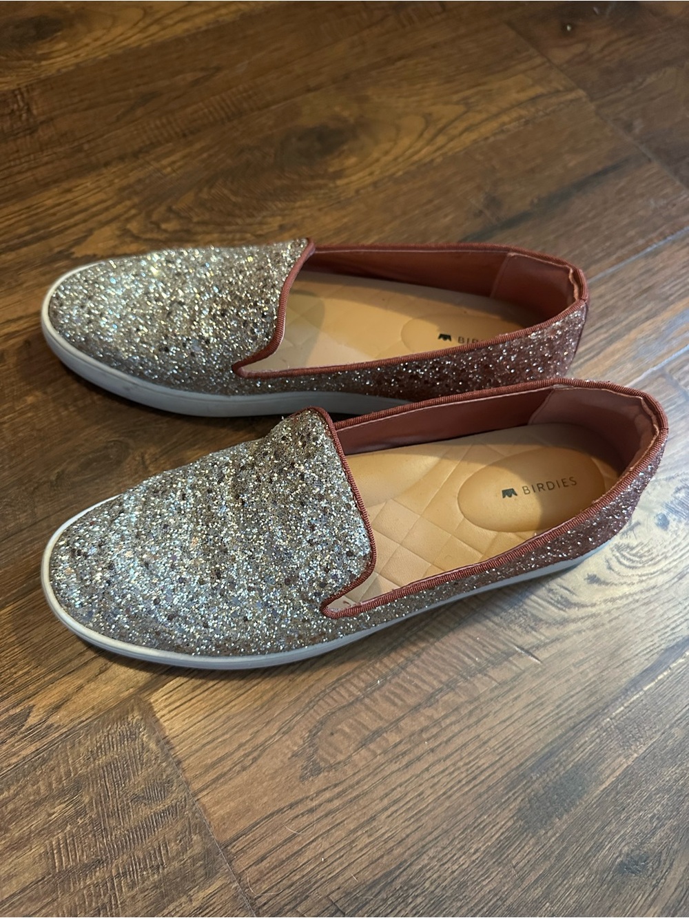 Birdies Rose Gold Glitter Slip-Ons with Pink Trim